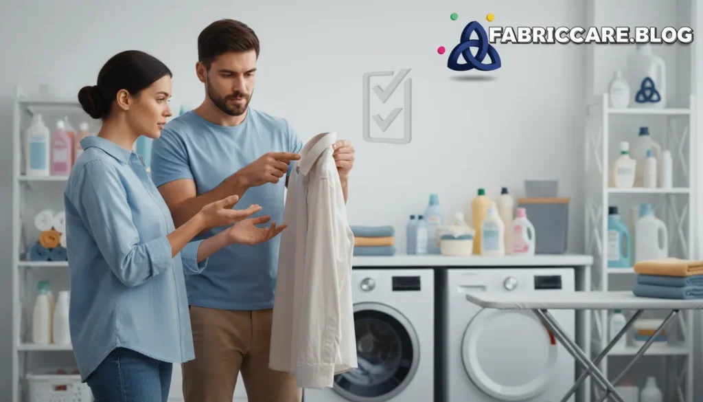Man in a bright laundry room examining a shirt under good lighting, checking fabric texture after stain treatment.