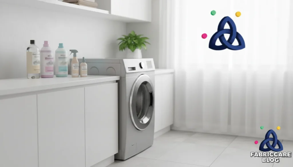 Modern washing machine in a bright laundry room prepared for gentle fabric care
