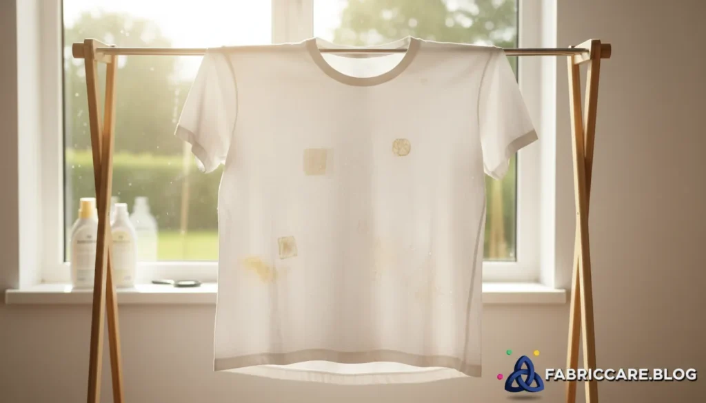 White shirt hanging near a window with visible stains after washing, showing set-in residue