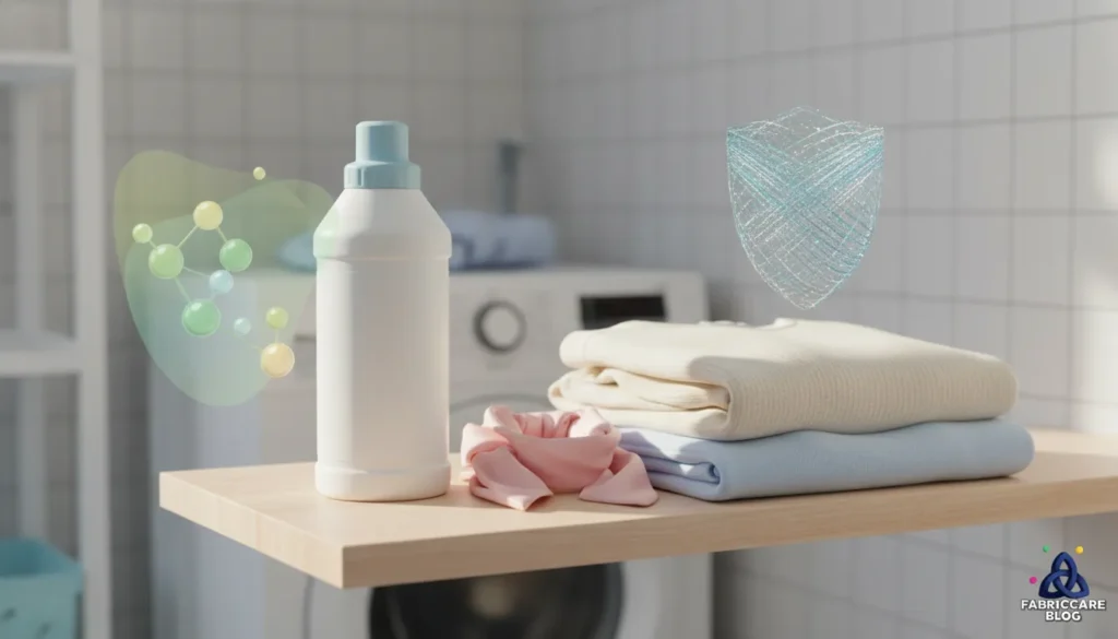 Mild detergent and delicate garments placed on a laundry table