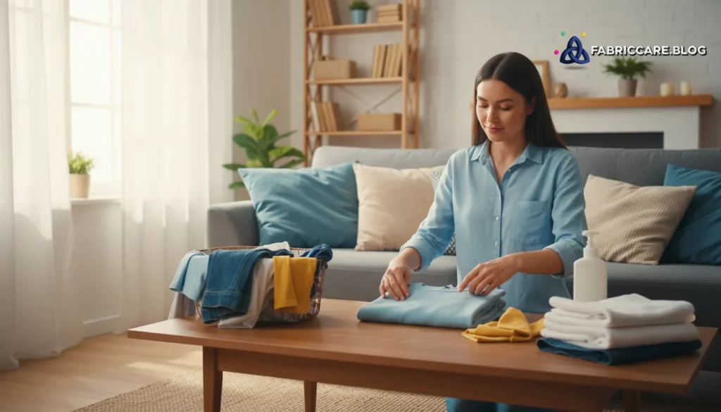 Woman folding clothes carefully to preserve garments with minor stains