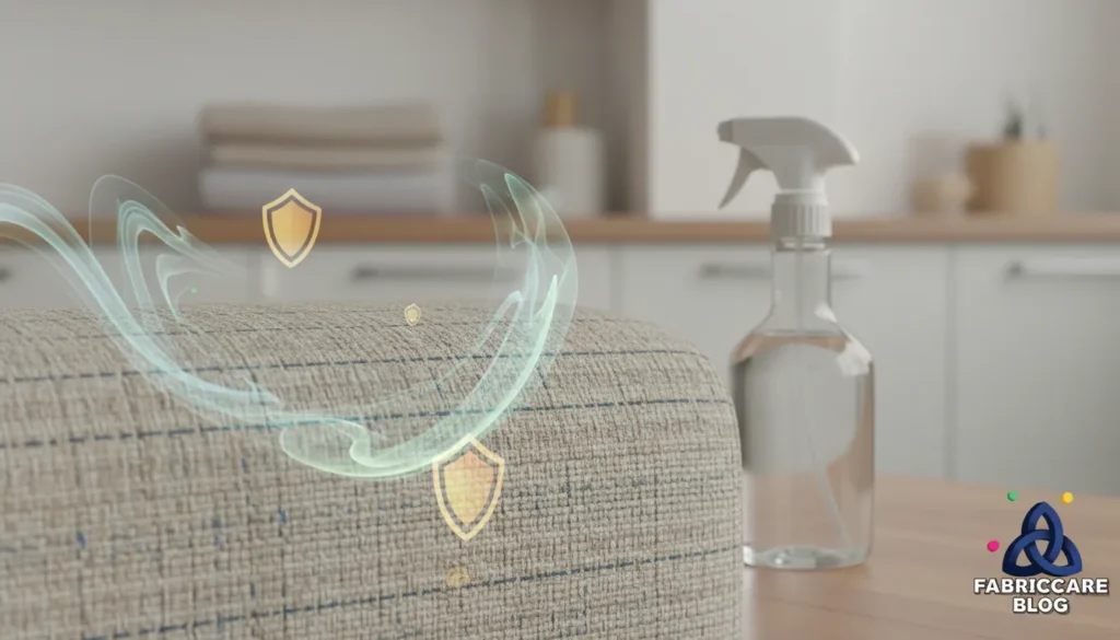 Mild upholstery cleaner placed near fabric sofa surface