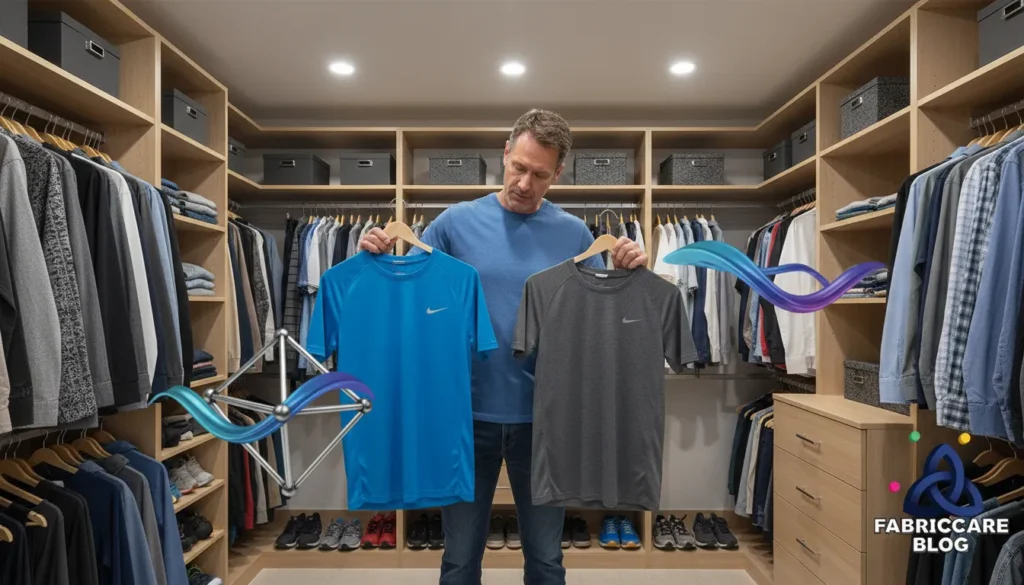 Man comparing different clothing materials on hangers inside a home closet