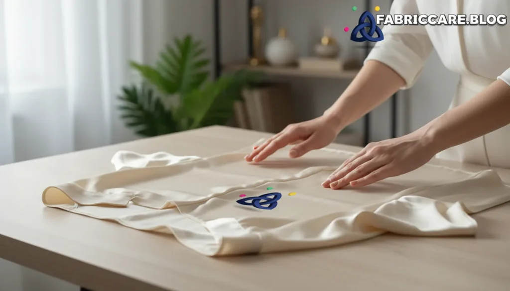 Hands gently smoothing a light-colored fabric laid flat on a table, highlighting careful handling to avoid fabric damage.