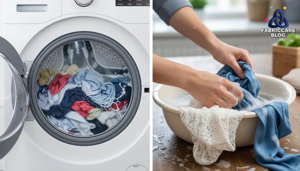 Person loading clothes into a washing machine while hand-wash basin is nearby
