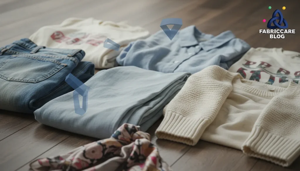 Mixed clothes laid out on a bed before choosing detergent