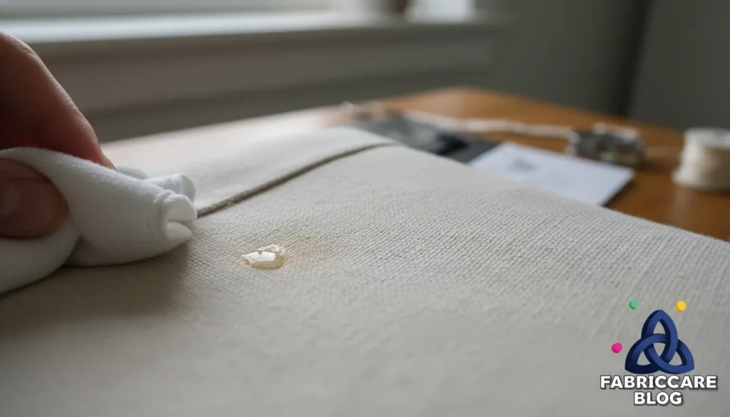 Close-up of fabric surface showing residue after previous washing, indicating a set-in stain risk
