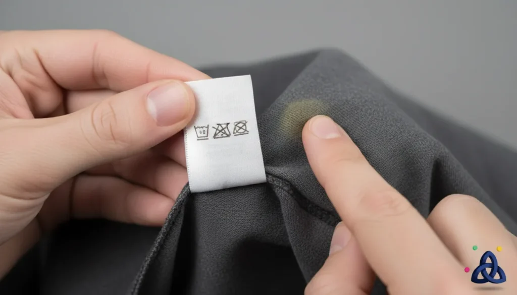 Hands checking a fabric care label before deciding how to treat a stain