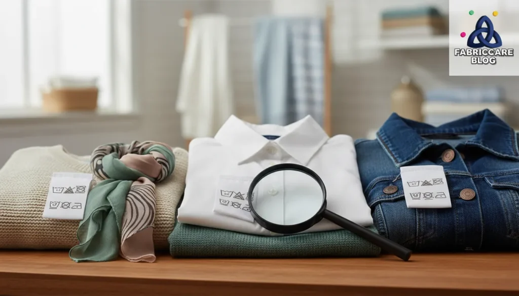 Folded clothes with visible care label placed on a table