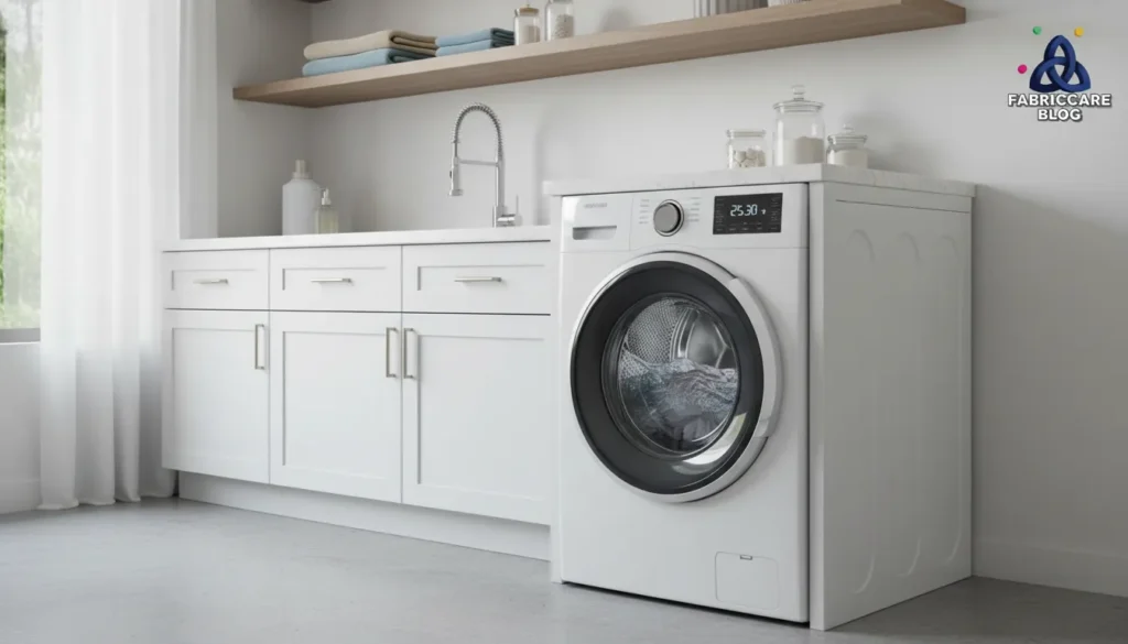 Front-load washing machine operating in a clean modern laundry room