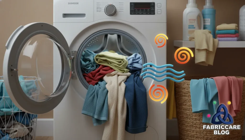 Washing machine filled with mixed clothes, illustrating fabric care during washing