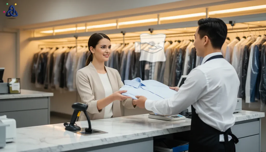 Woman handing a piece of clothing to a professional dry cleaner across a service counter, indicating the choice of professional cleaning.