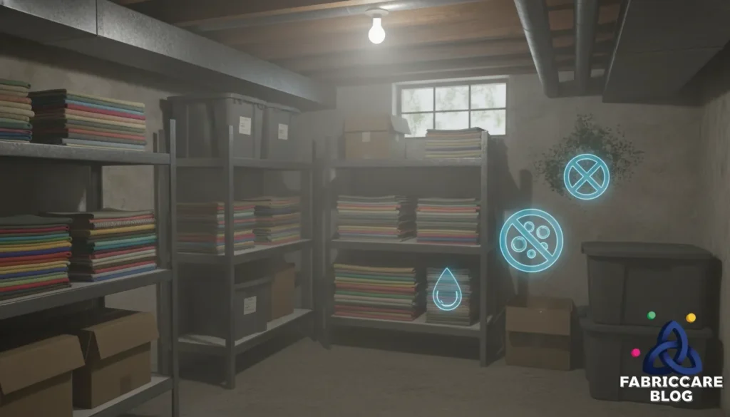 Close-up of fabric fibers with abstract symbols representing material structure and fabric care protection.