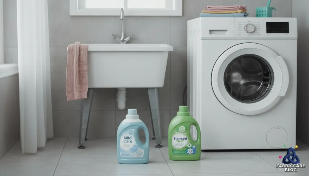 Laundry sink with detergent bottles placed next to a washing machine