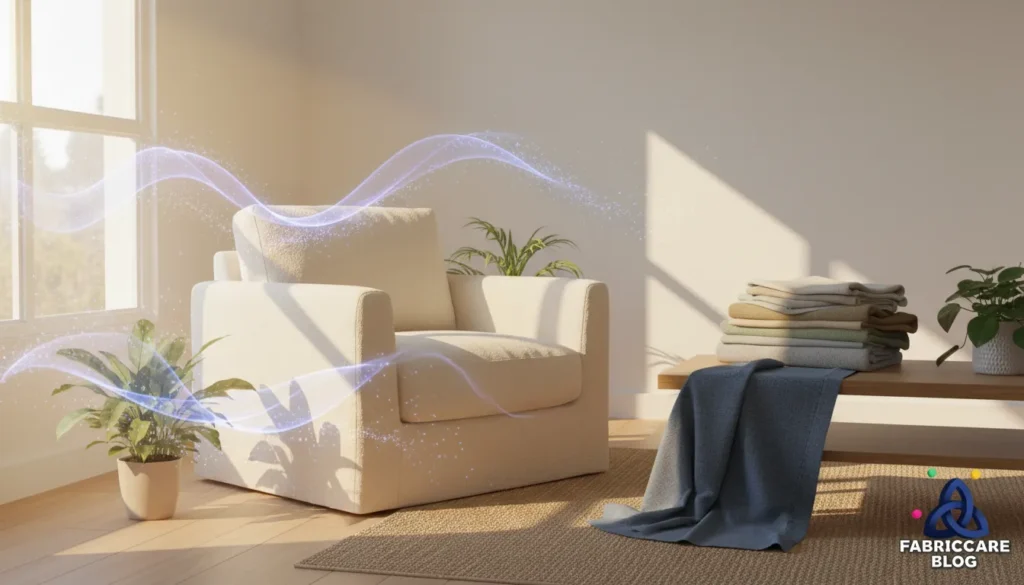 Sofa and fabrics exposed to sunlight in a living room, illustrating color fading as a fabric care mistake that ruins materials.