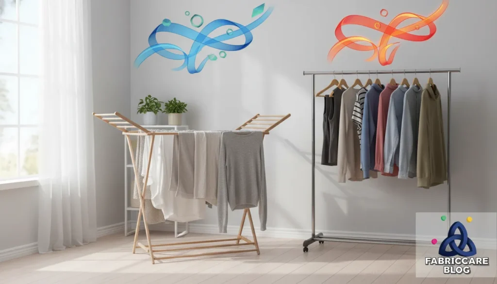 Natural fabrics air-drying on a rack next to synthetic clothes on hangers at home
