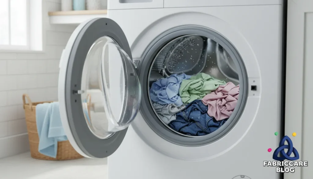 Washing machine drum partially filled with clothes showing proper load size