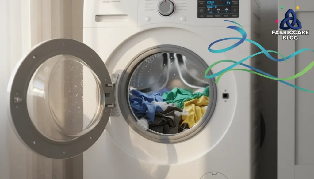 Washing machine running with clothes inside showing active wash cycle