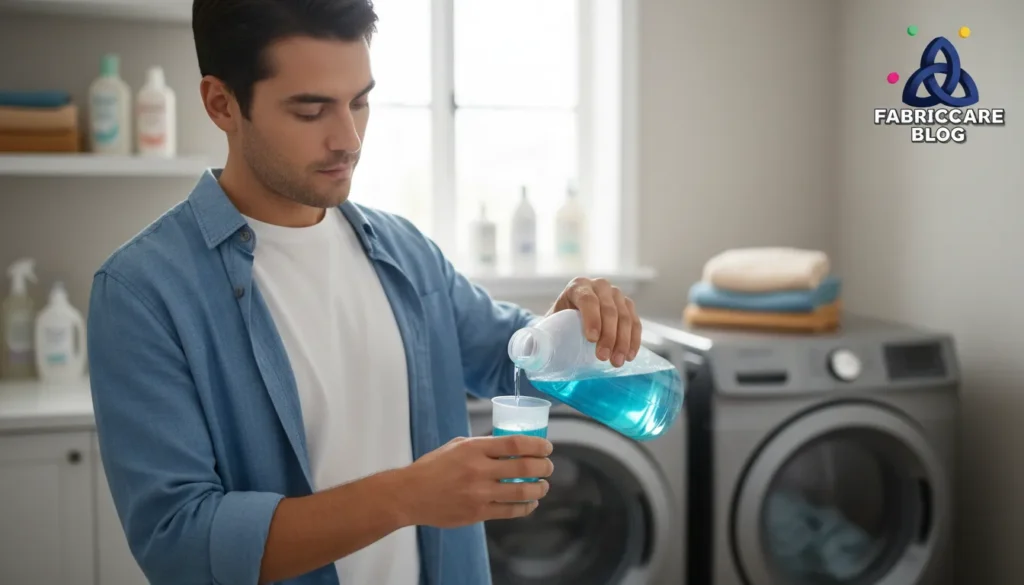 Man measuring liquid laundry detergent before starting a wash cycle