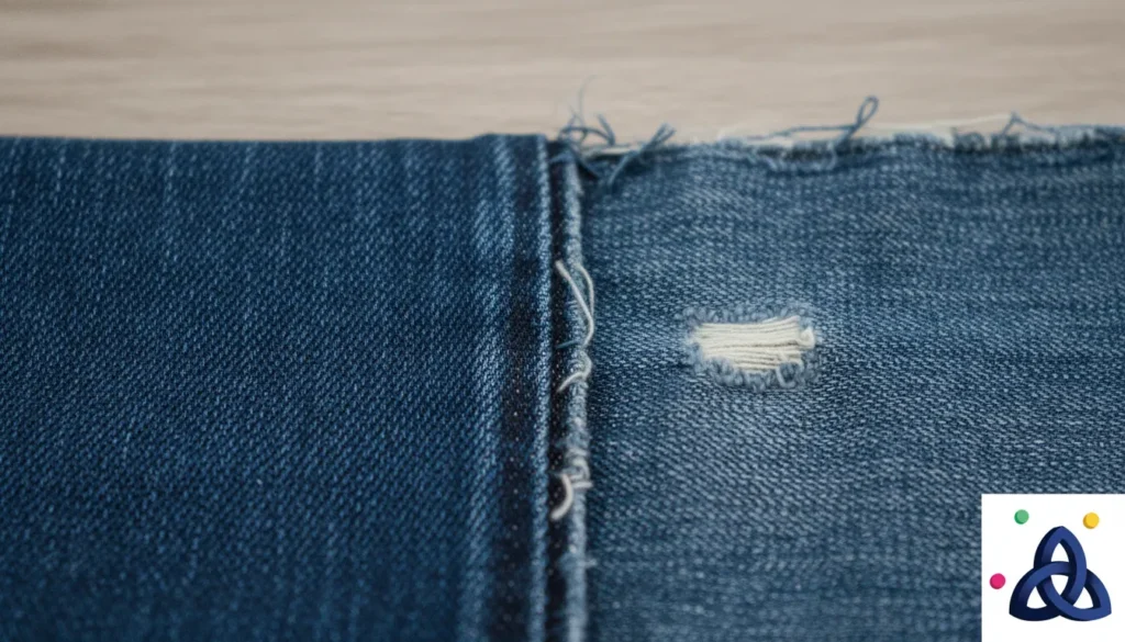 Close-up of denim fabric showing faded and worn area caused by repeated stain treatment