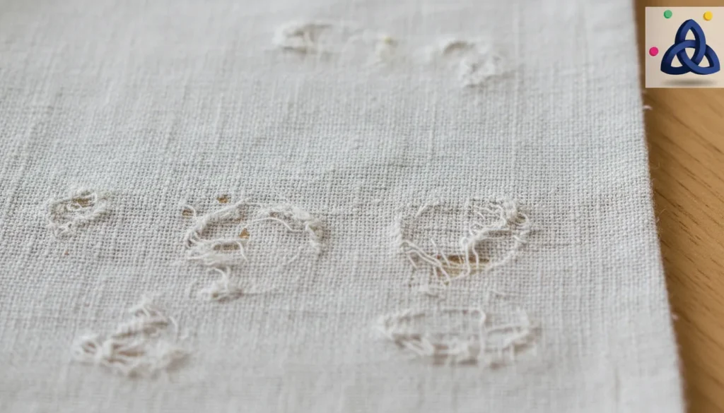 Close-up of fabric surface showing thinning and texture damage caused by repeated stain removal attempts