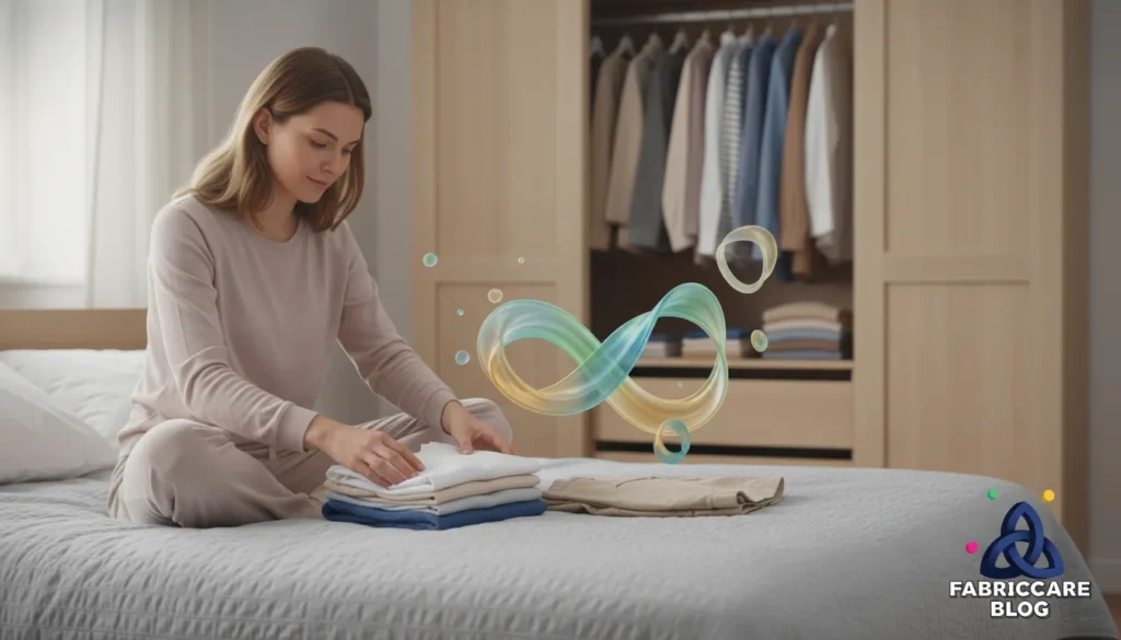 Woman folding clean clothes on a bed, handling different fabric types inside a home bedroom.