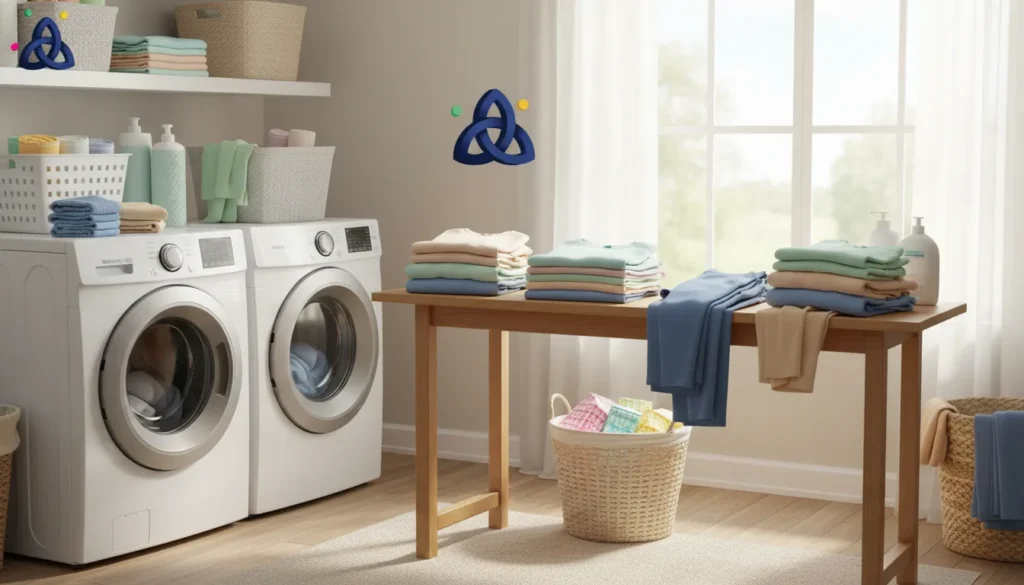 Washing machine in a clean home laundry area with clothes prepared for washing