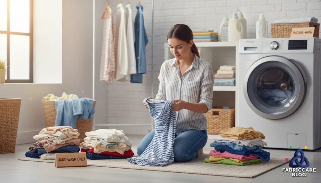 Woman sorting clothes on the floor to decide between hand wash and machine wash