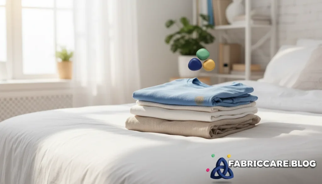 Stack of clean, folded clothes placed neatly on a bed, showing organized clothing after proper fabric care decisions.