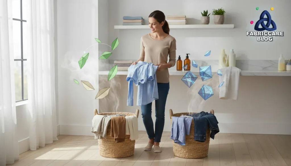 Woman separating natural and synthetic clothes into different laundry baskets