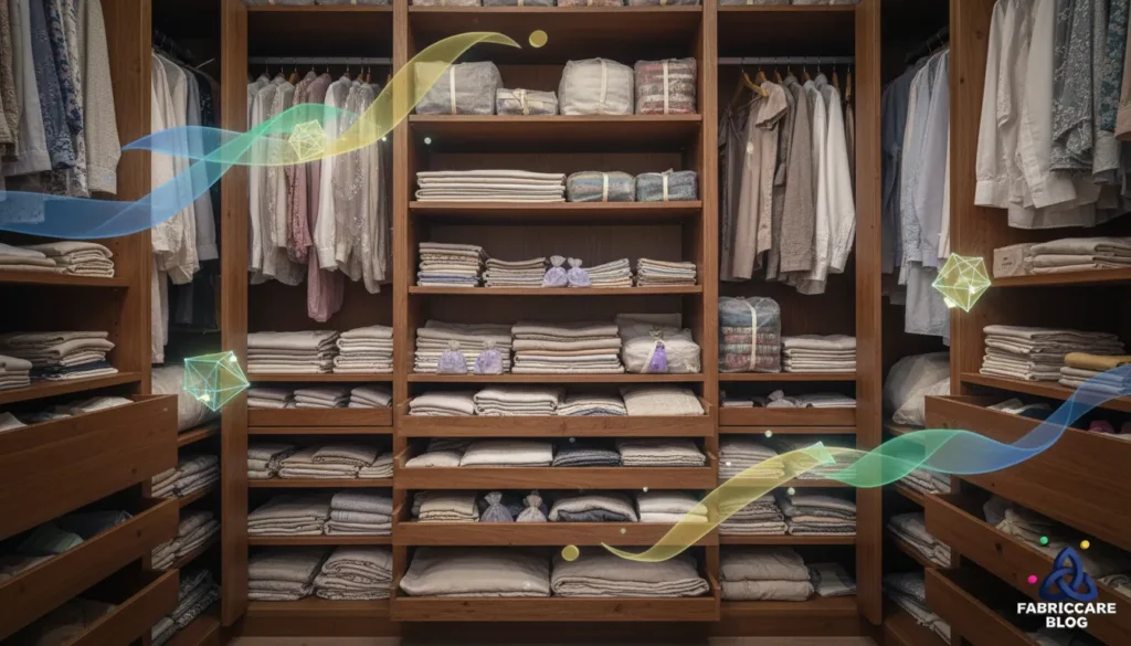 Delicate fabrics neatly folded and stored on open shelves in a closet
