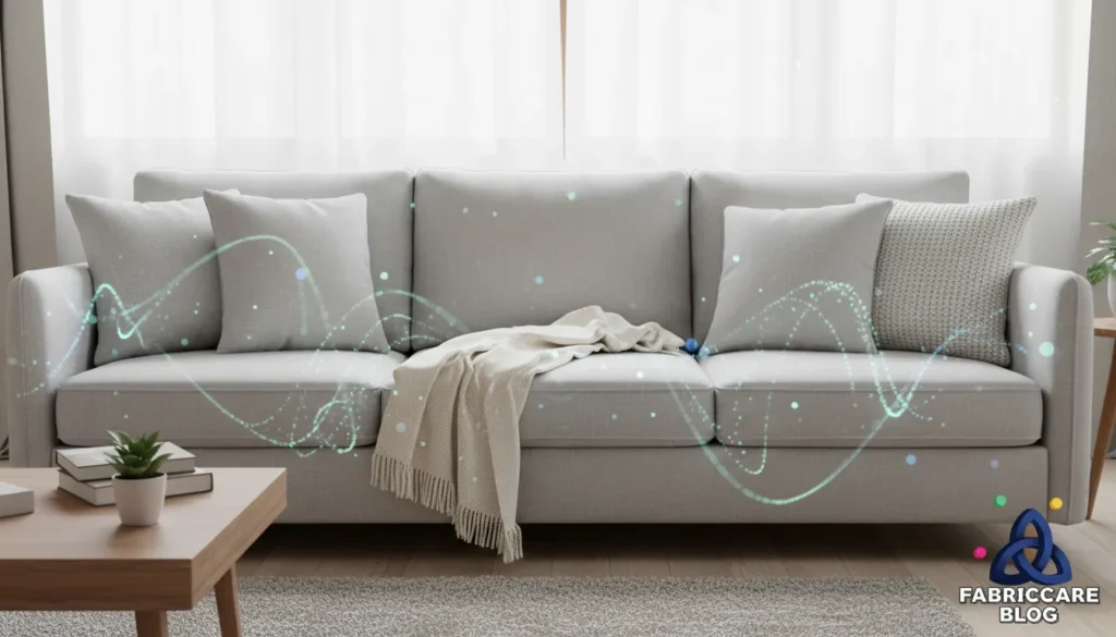 Neatly arranged sofa cushions with a throw blanket protecting seating areas