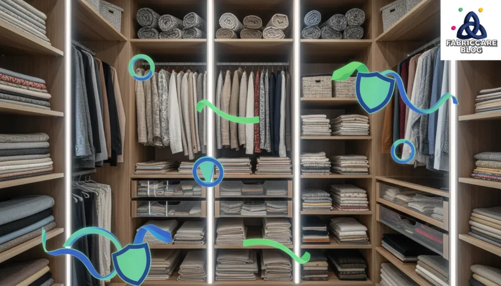Organized fabric storage shelves in a closet, representing correct fabric care practices that prevent materials from being ruined.