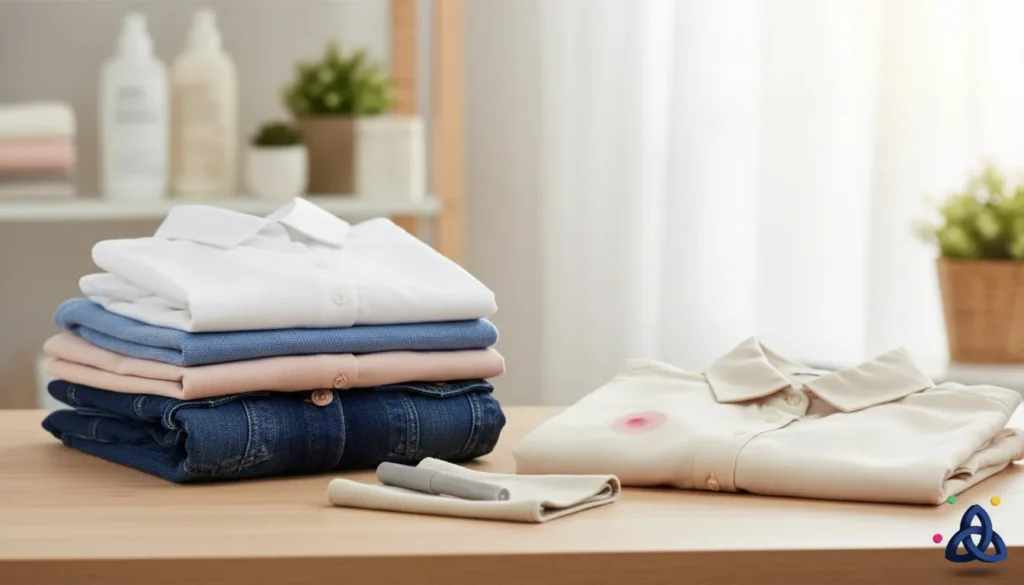 Neatly folded clothes stacked on a table after deciding to preserve fabric instead of removing a stain