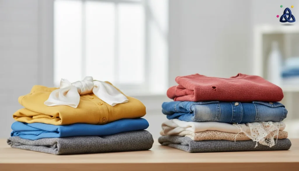 Neatly folded clothes arranged on a table, contrasting well-preserved garments after correct stain care