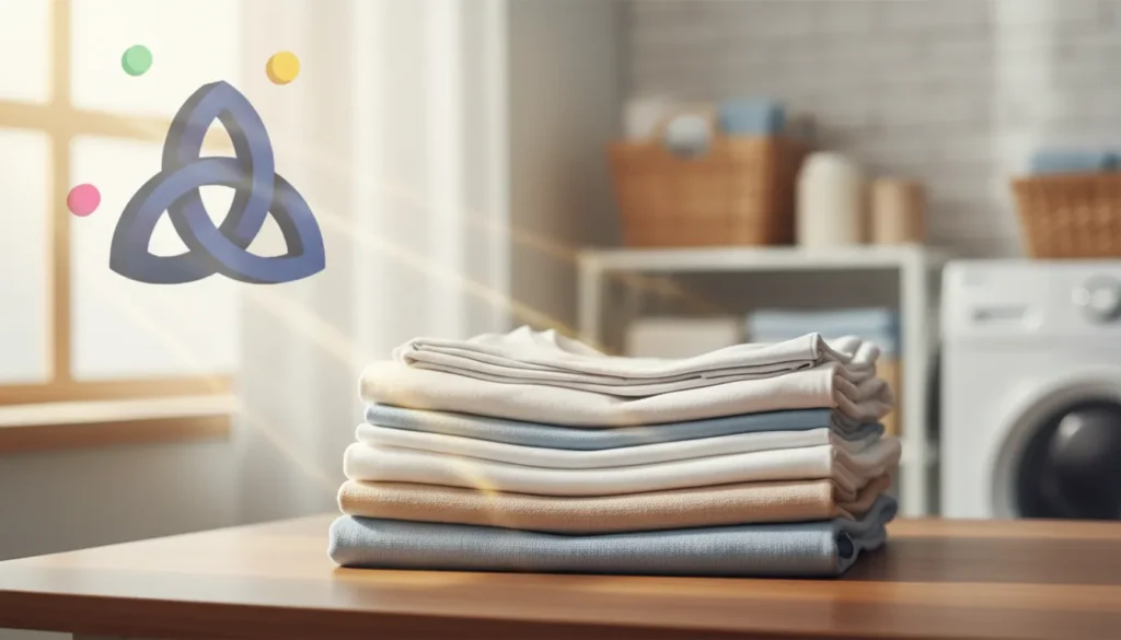 Neatly folded clothes stacked in a home laundry space