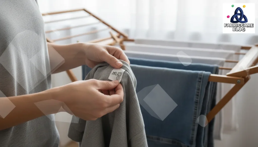 Hands holding clothing label near a washing machine in a home laundry area