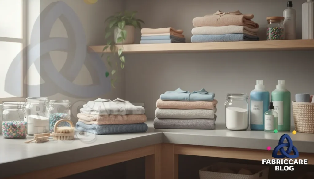 Organized laundry shelf with detergent containers and folded clothes