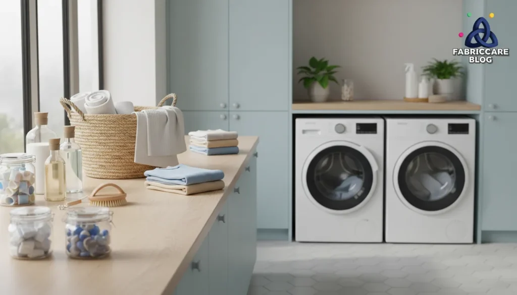 Minimalist laundry room with washing machine and clean surfaces