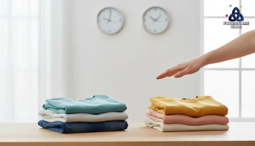 Person organizing folded garments by color and type as part of safe laundry habits
